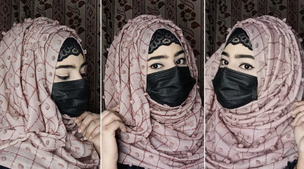Hijab bergaya cap dengan aksen jahitan kontras